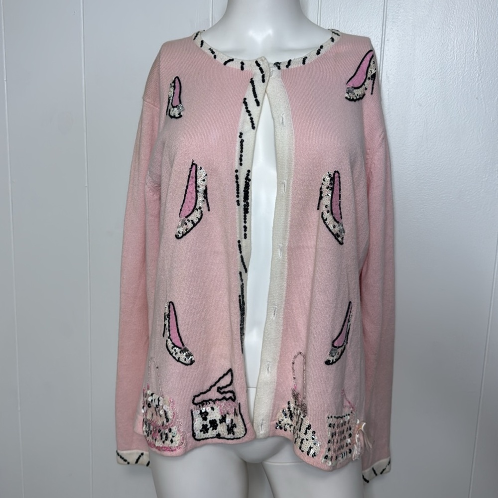 Storybook knits women’s purse shoe theme pink sweater cardigan S sequins